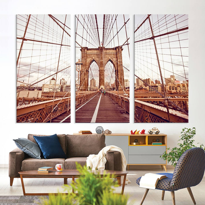 The three-panel "Wall Art New York Manhattan Cityscape Canvas Print" of the Brooklyn Bridge makes an ideal addition to minimalist interiors, capturing the essence of abstract expressionism.