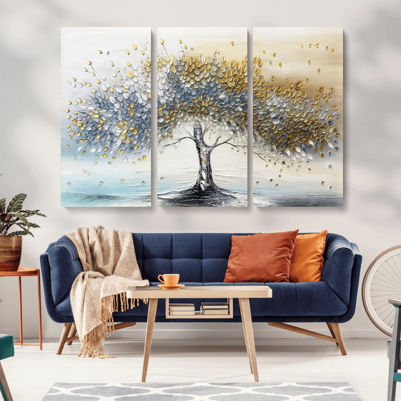 An elegant impasto painting featuring a tree with shimmering silver and gold leaves, blending soft pastels to create a calm and sophisticated atmosphere.