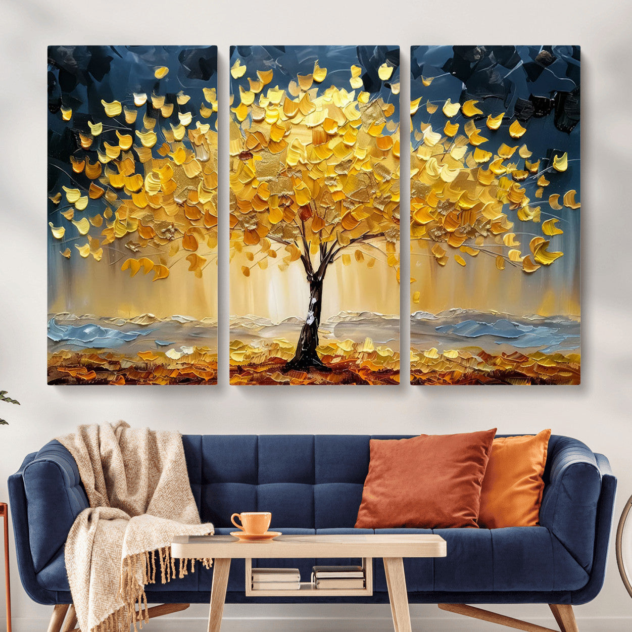 MGV-CV-48X32-3P - Golden Autumn Tree Wall Art – Canvas Print of Vibrant Fall Leaves, Seasonal Nature Scene Beautiful Fall Decor for Home, Office or Guest Room