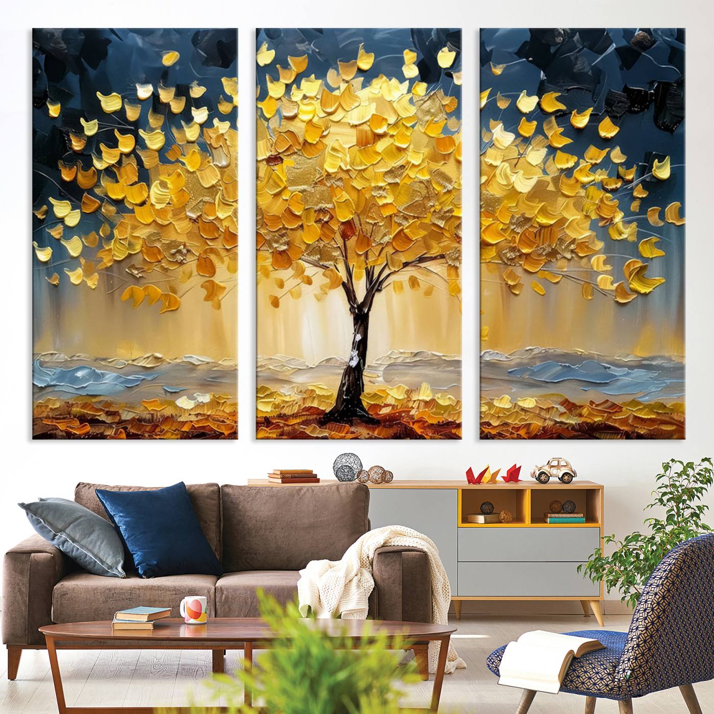 A stunning impasto painting captures the golden hues of autumn with a vibrant tree glowing against a dramatic blue and brown backdrop.