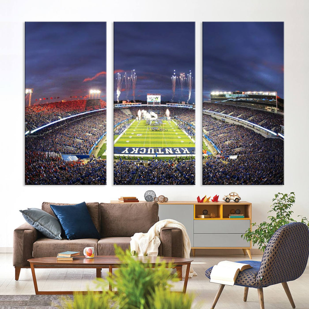 A filled stadium at dusk and fireworks overhead are beautifully captured in the Kroger Field Canvas Wall Art - Sunset Football Stadium Decor.