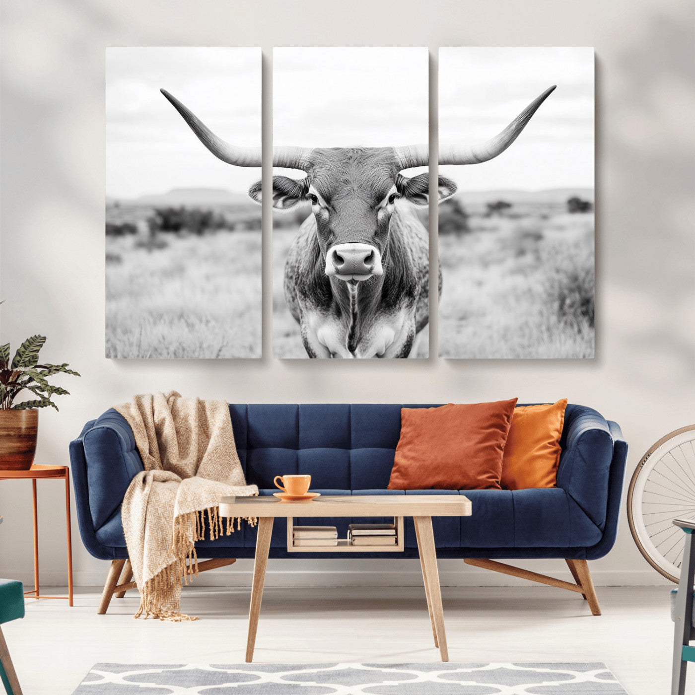 MGV-CV-48X32-3P - Highland Cow Wall Art Print - Black and White Texas Western Longhorn Canvas - Farmhouse Decor Print