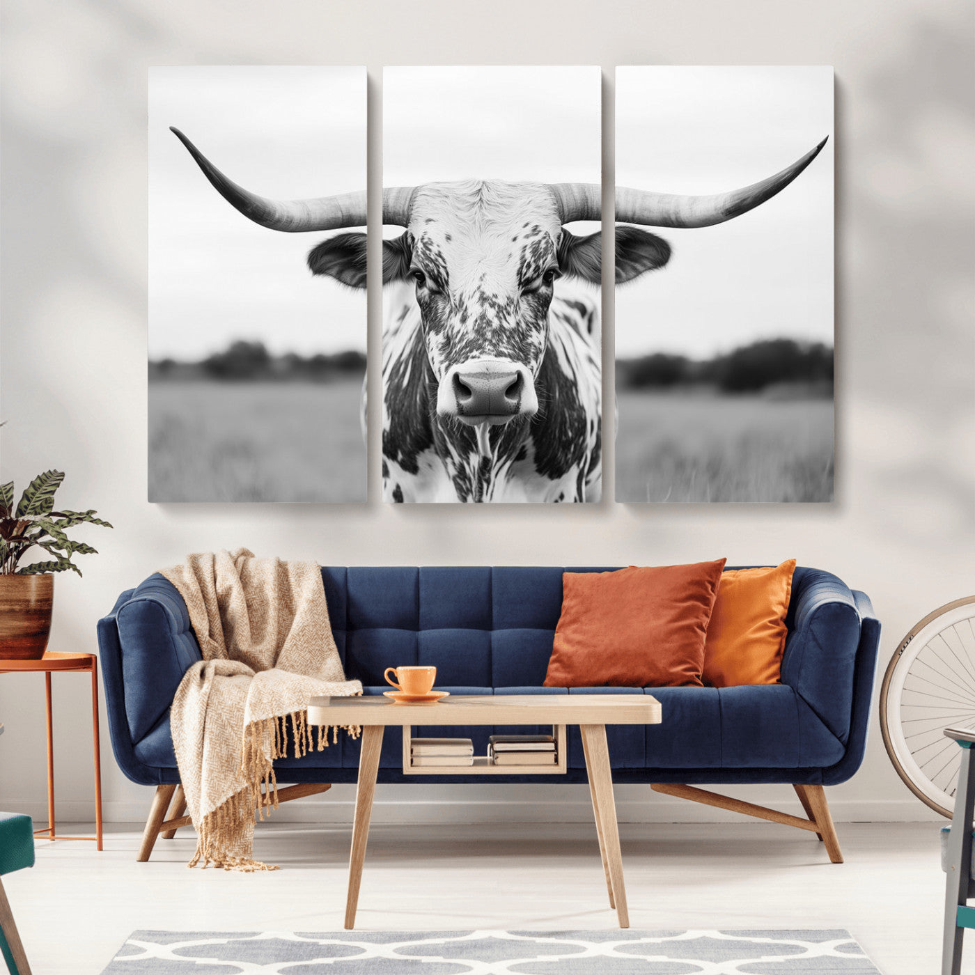 MGV-CV-48X32-3P - Highland Cow Wall Art - Black and White Western Longhorn Canvas Print - Farmhouse Living Room Decor