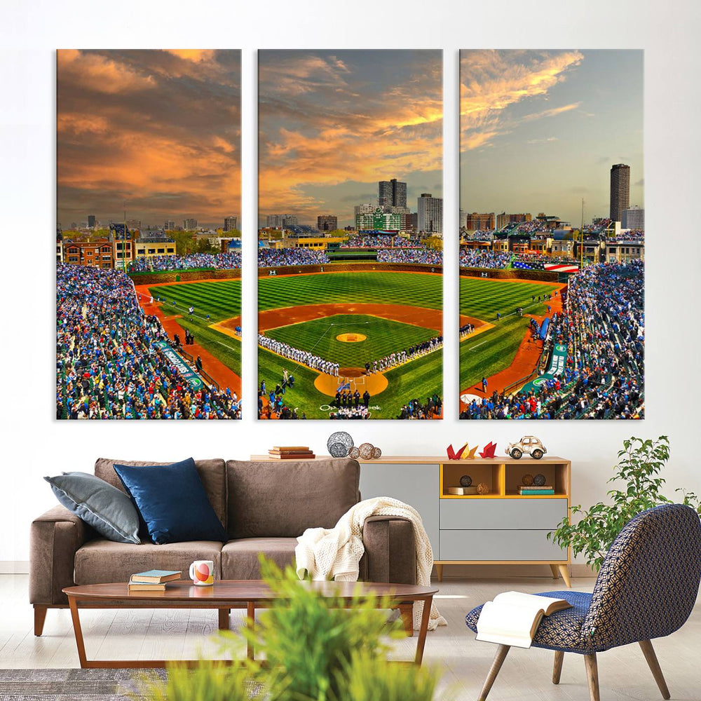 Aerial view of Wrigley Field at sunset against a vibrant sky, creating the perfect Chicago Wrigley Field Canvas Wall Art.