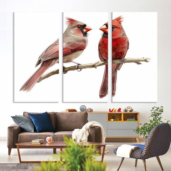 The Cardinal Bird Canvas Wall Art showcases two cardinals on a branch.