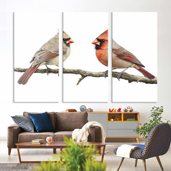 A Cardinal Canvas Wall Art print of cardinals on a branch hangs prominently.