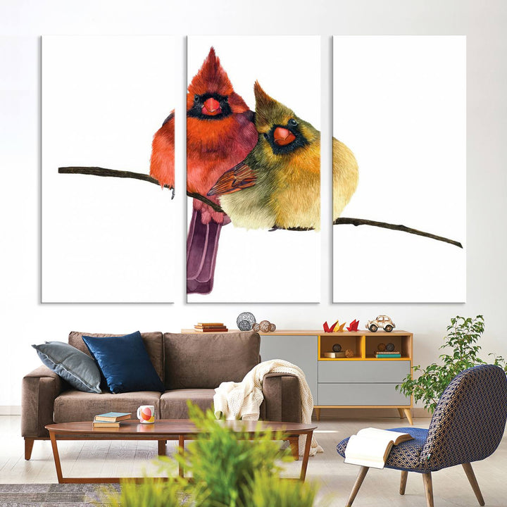 The Cardinal Bird Canvas Wall Art showcases vibrant male and female cardinals, capturing the beauty of nature in vivid detail.