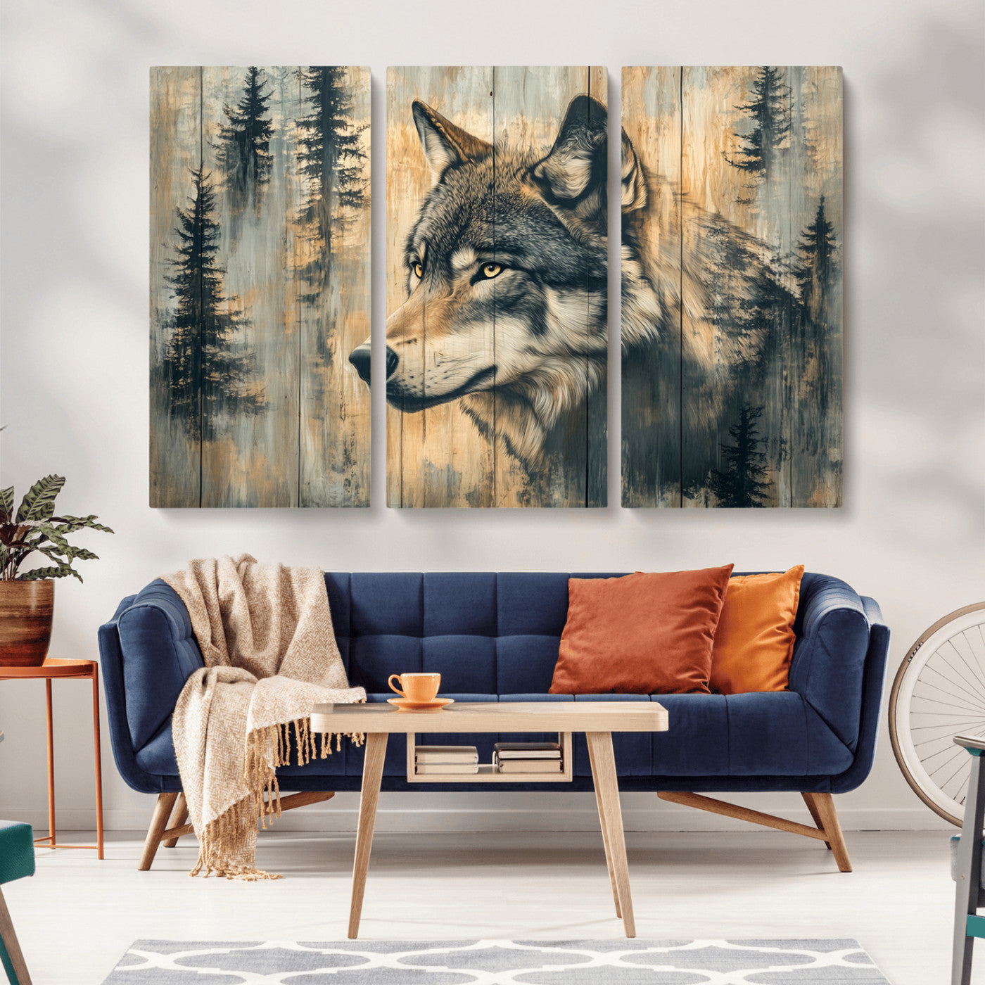 MGV-CV-48X32-3P - Wood Style Rustic Wolf Wall Art Canvas Print, Vintage Woodland Wolf Wall Art, Framed Wood Style Wolf