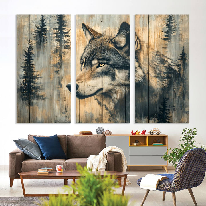 A Wood Style Rustic Wolf Wall Art Canvas Print adorns the kitchen.