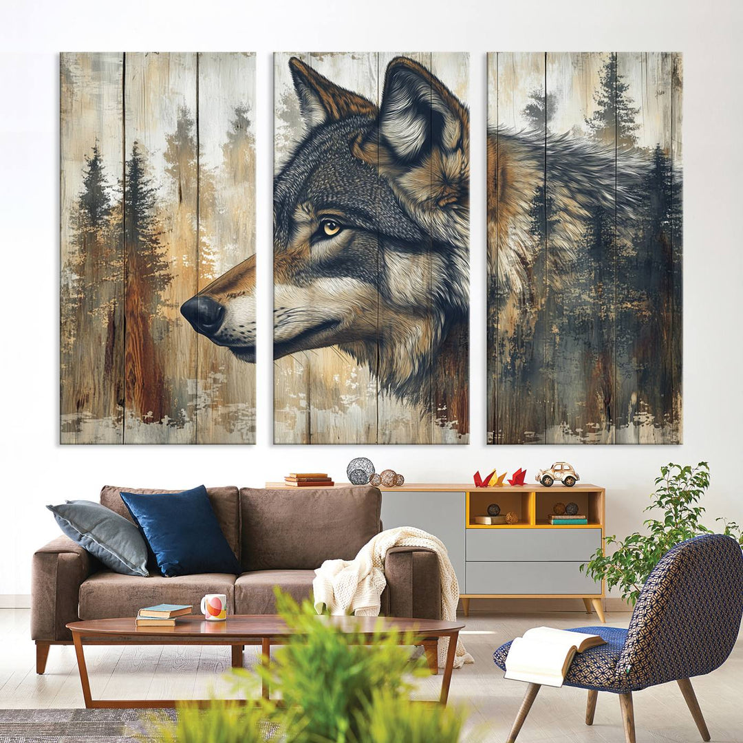 A kitchen dining area features Rustic Wolf Wall Art.