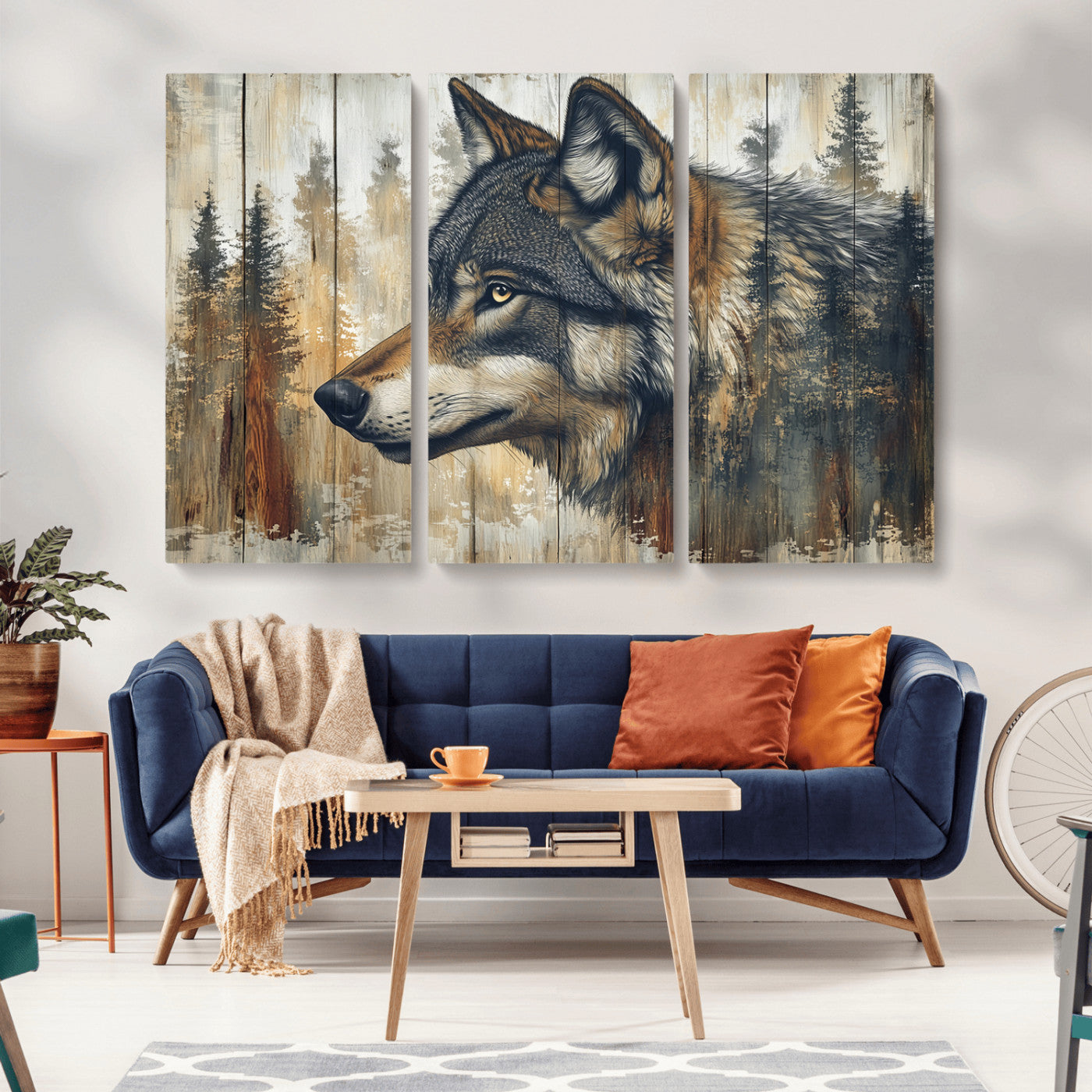 MGV-CV-48X32-3P - Rustic Wolf Wall Art Canvas Print, Vintage Woodland Wolf Wall Art