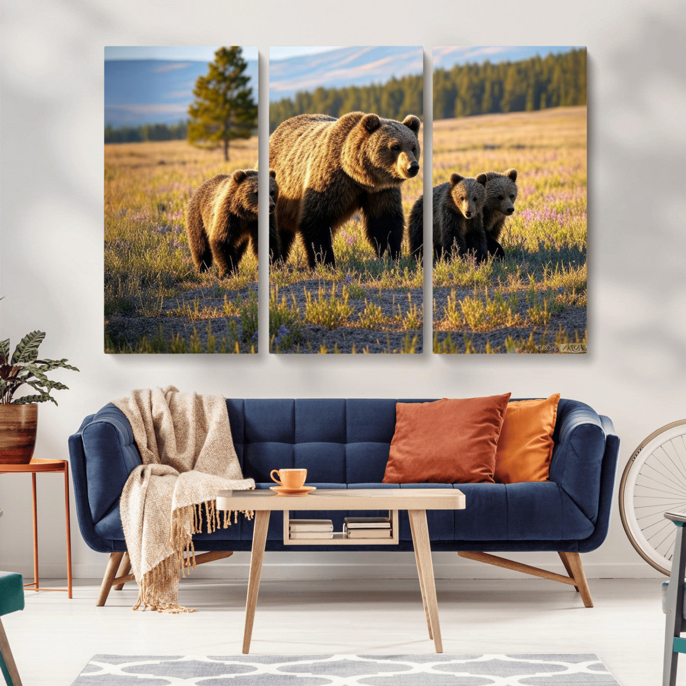 MGV-CV-48X32-3P - Grizzly 399 in Wild Flowers Wall Art Canvas Print, Grizzly Bears Wall Art, Queen of Grand Teton