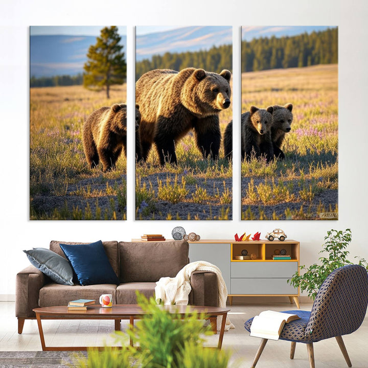 The Grizzly 399 in Wild Flowers wall art canvas print.