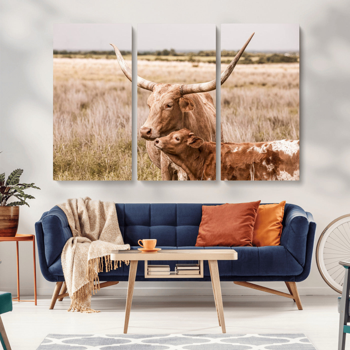 MGV-CV-48X32-3P - Texas Longhorn Cow Wall Art Canvas Print for Farmhouse Wall Art, Texas Decor, Western Wall Art Print