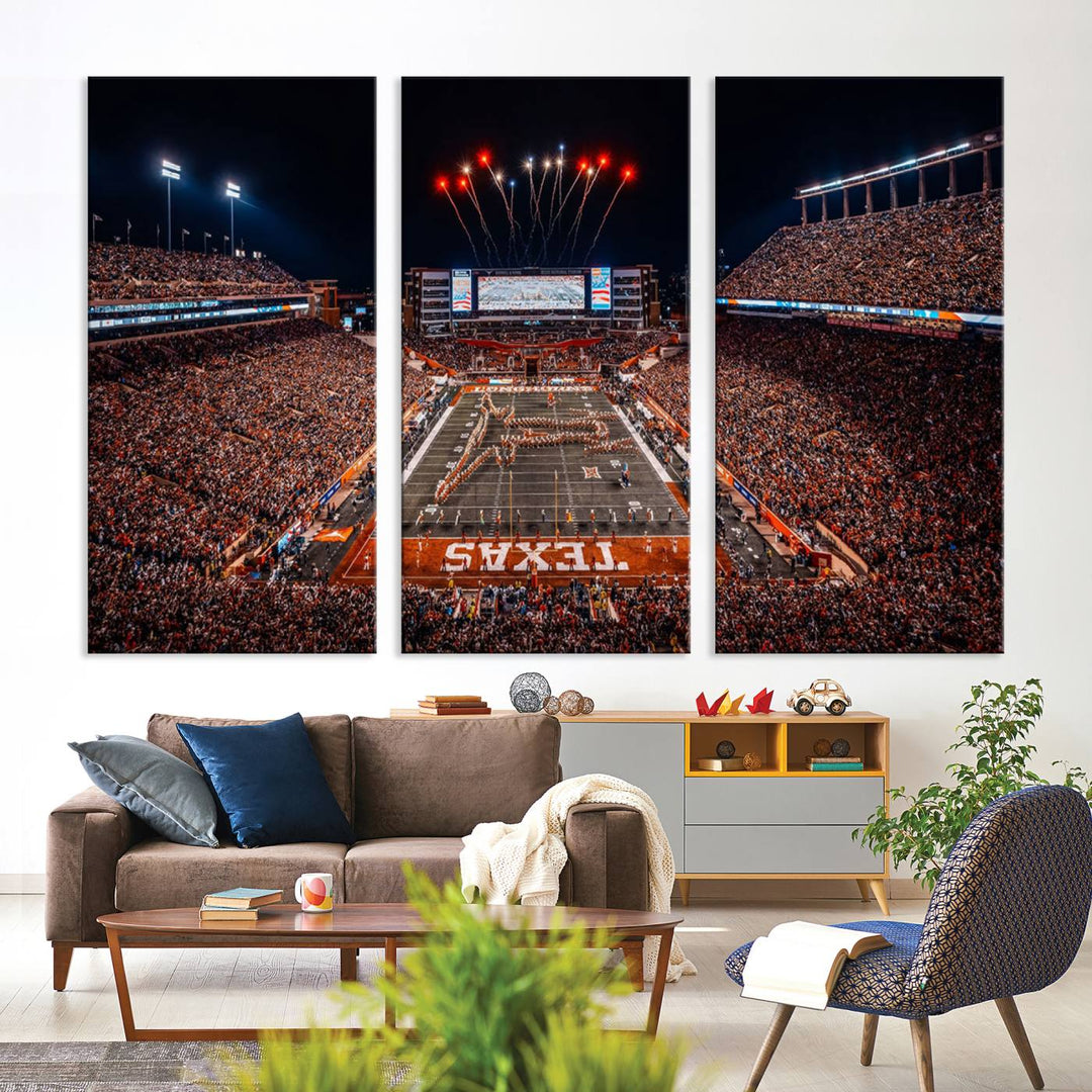 A Texas Memorial Stadium canvas print with fireworks embellishes the modern living room.