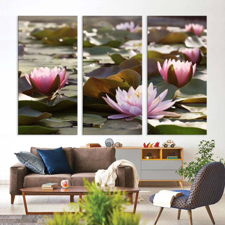 The dining room features the Water Lily Large Canvas Print.