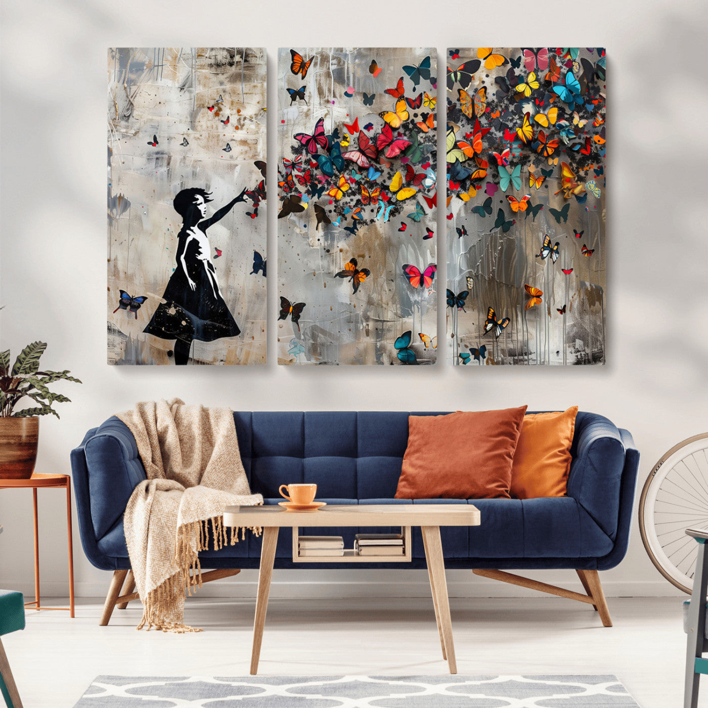 MGV-CV-48X32-3P - Framed Banksy Butterfly Girl Wall Art ,3-Piece Butterfly Girl Canvas, Modern Graffiti Canvas Print