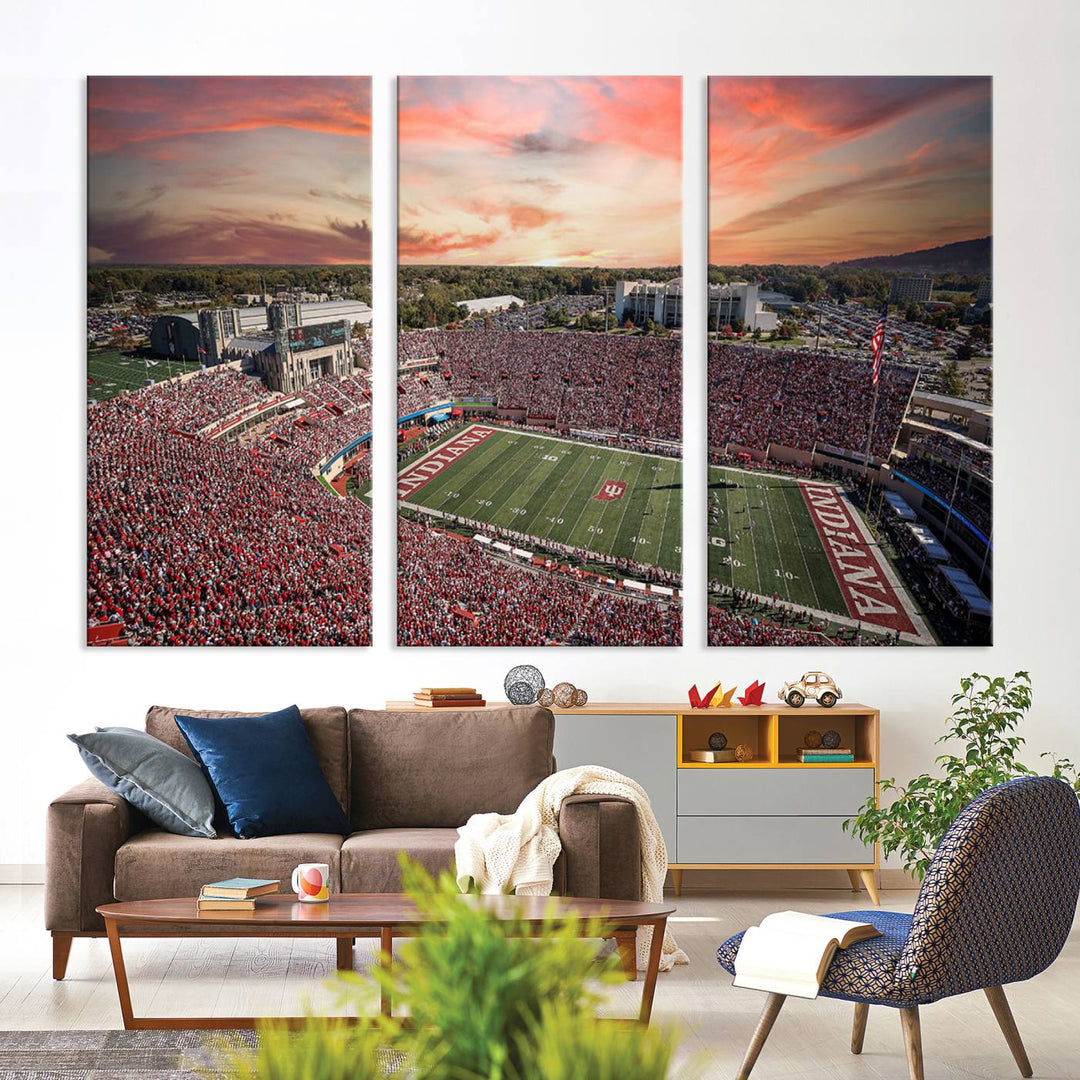 Gallery-quality Indiana Memorial Stadium Wall Art Canvas: A stunning view of the stadium at sunset.