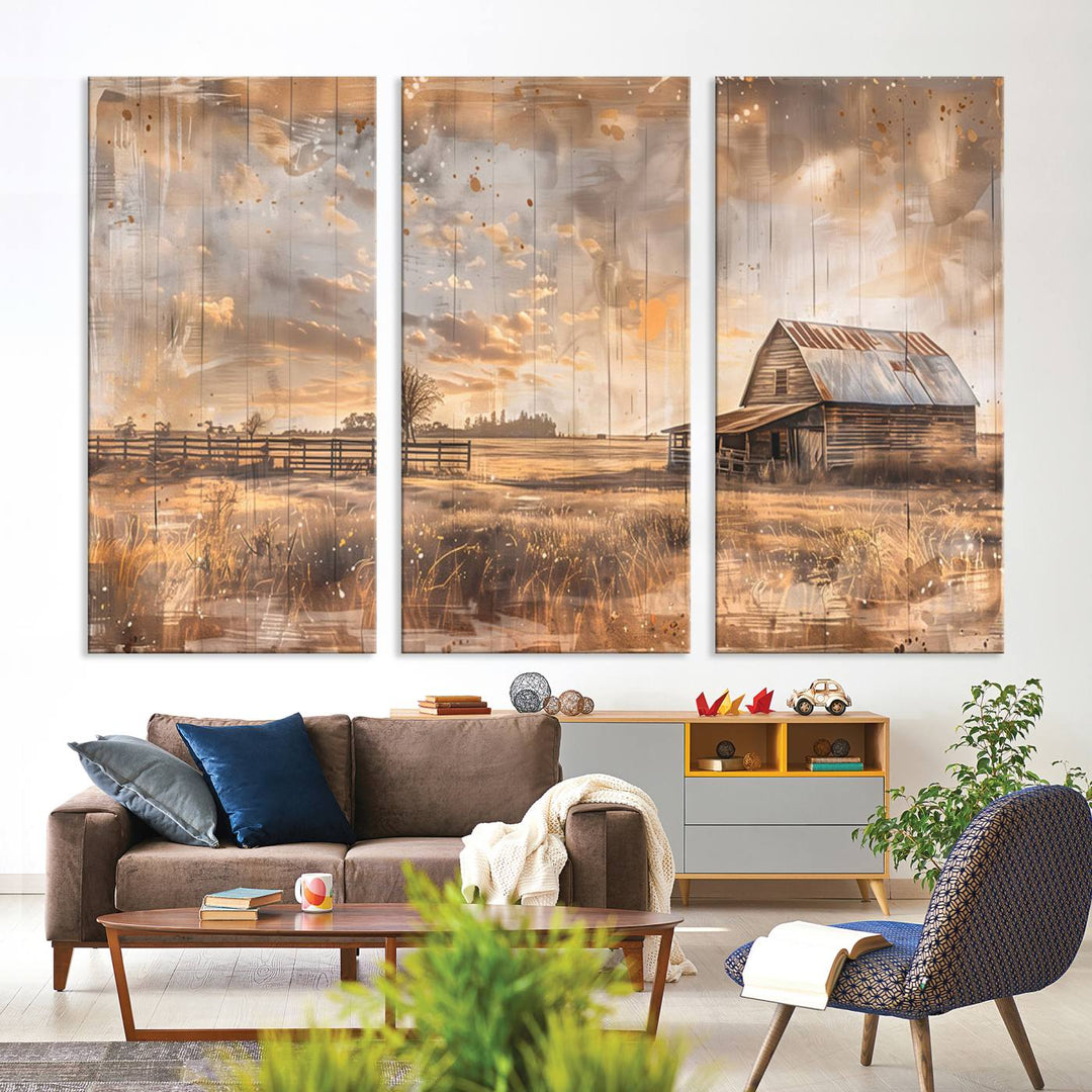 Rustic Farmhouse Wall Art Canvas depicting a barn under a cloudy sky.