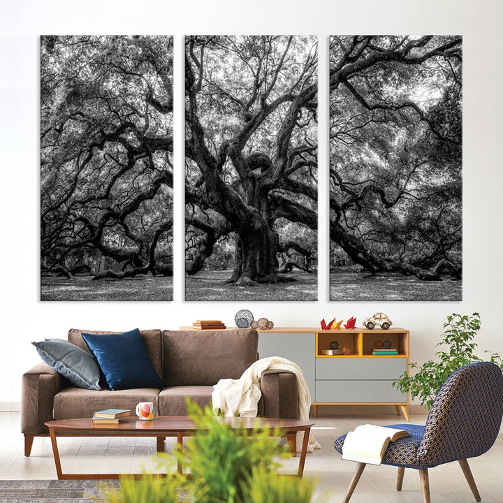 The Black and White Old Angel Oak Tree Canvas Print enhances the modern dining room.