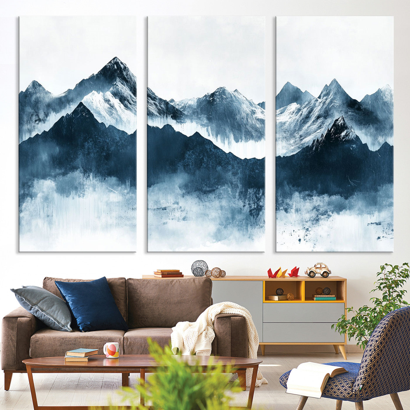 Abstract blue-toned canvas of snowy mountains in misty tones, ideal for minimalist or moody alpine-inspired home decor.