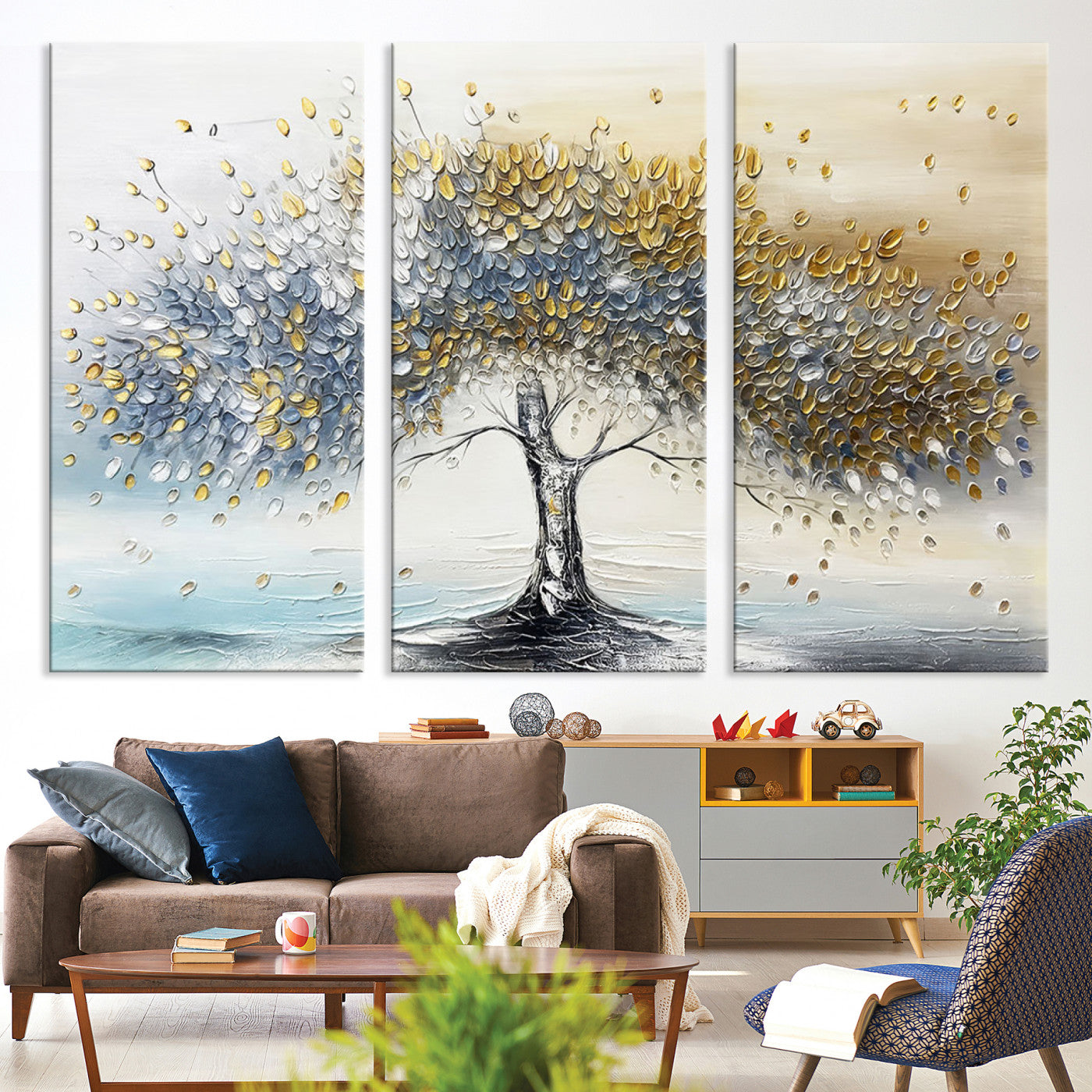Canvas of a silver and gold textured tree with a soft neutral background, ideal for elegant and minimalist home decor styles.