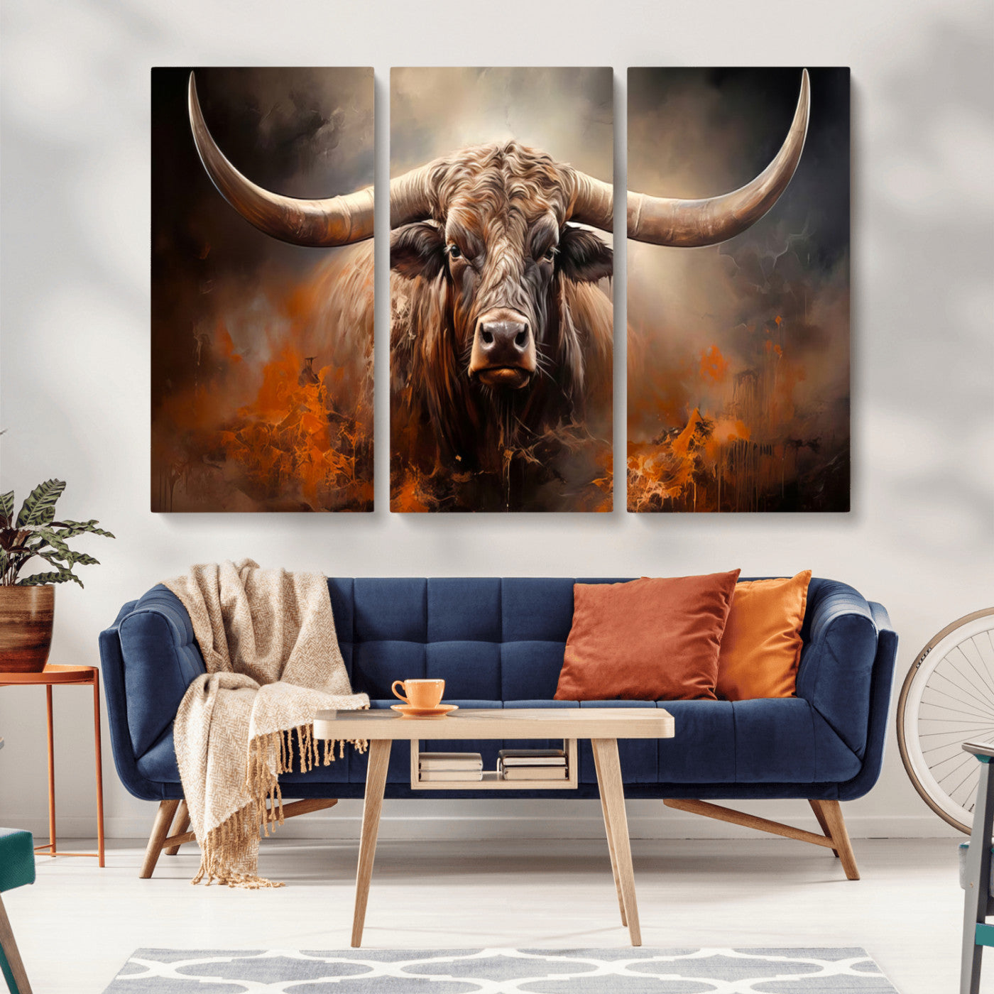 MGV-CV-48X32-3P - Highland Bull Canvas Abstract Canvas Wall Art Print – Powerful Highland Bull with Striking Horns in