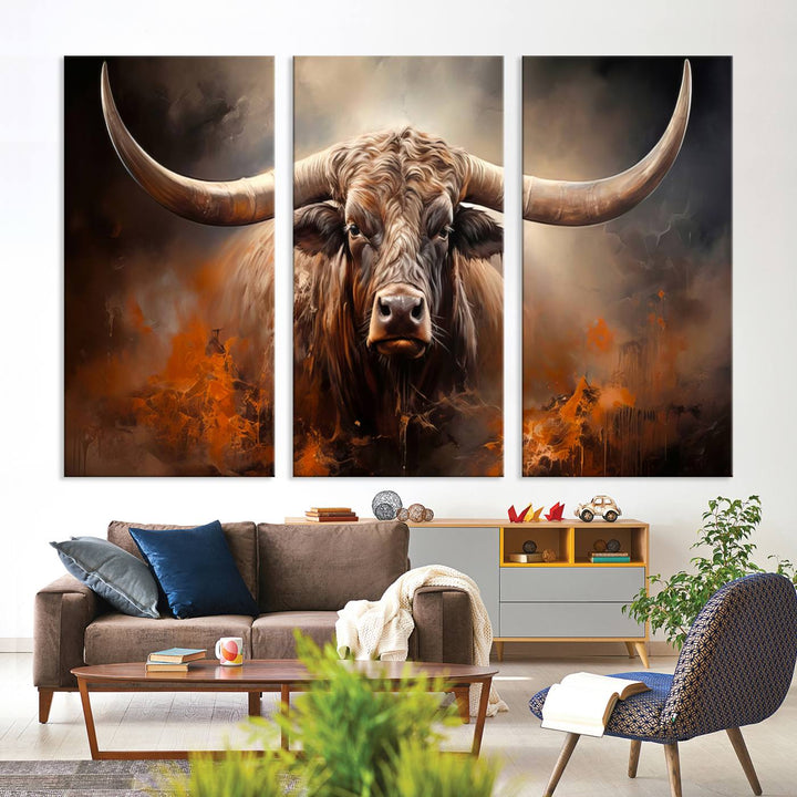 A Highland Bull with striking horns is depicted in a fiery abstract style on a ready-to-hang wall art canvas, evoking strength.