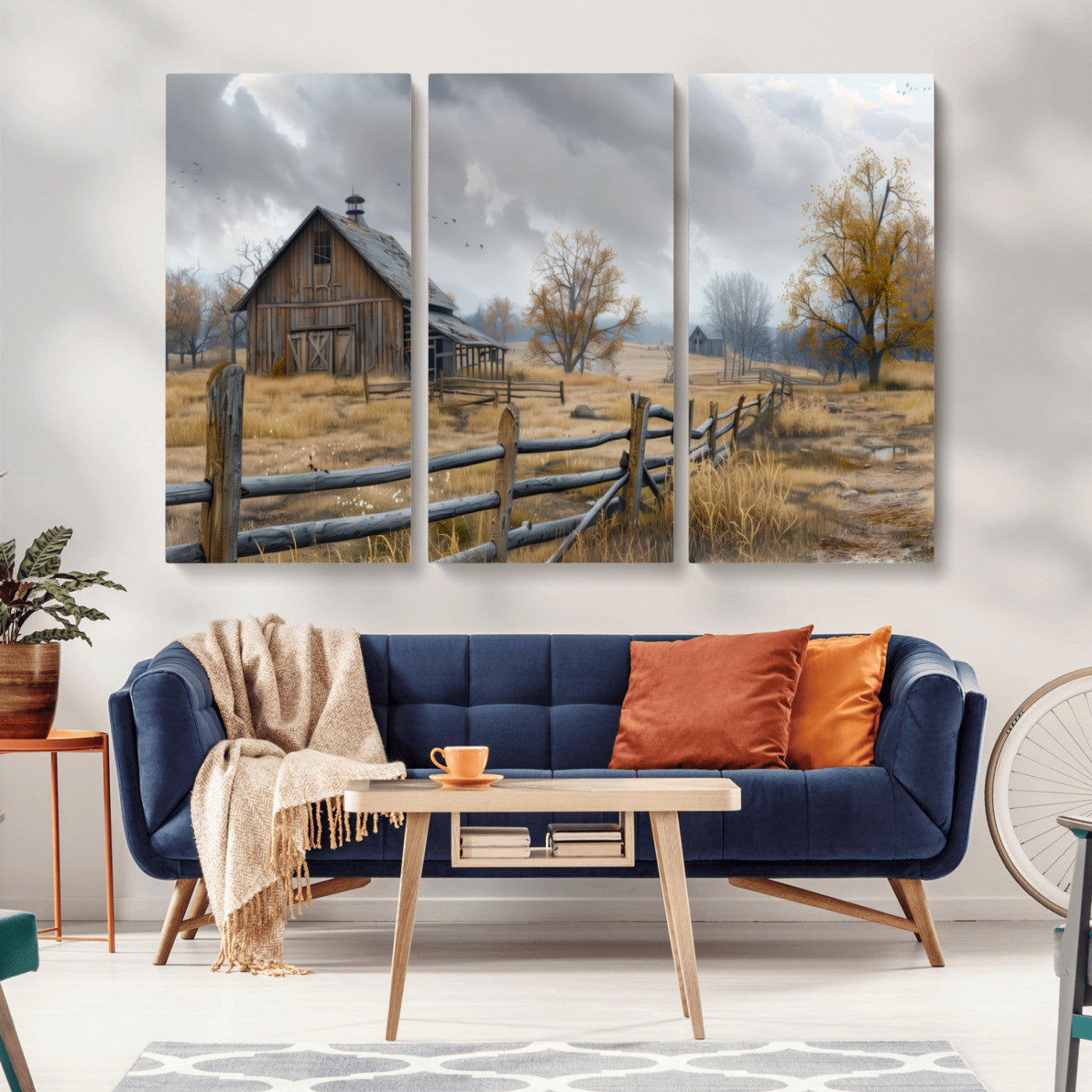 MGV-CV-48X32-3P - Rustic Autumn Farmhouse Wall Art Canvas Print – Serene Countryside Scene with Weathered Barn and