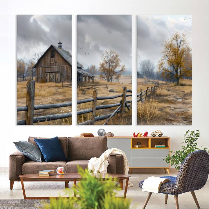 Rustic Autumn Farmhouse Wall Art – Weathered Barn & Trees Canvas Print, featuring a serene scene with birds in the sky. This piece is ready to hang.