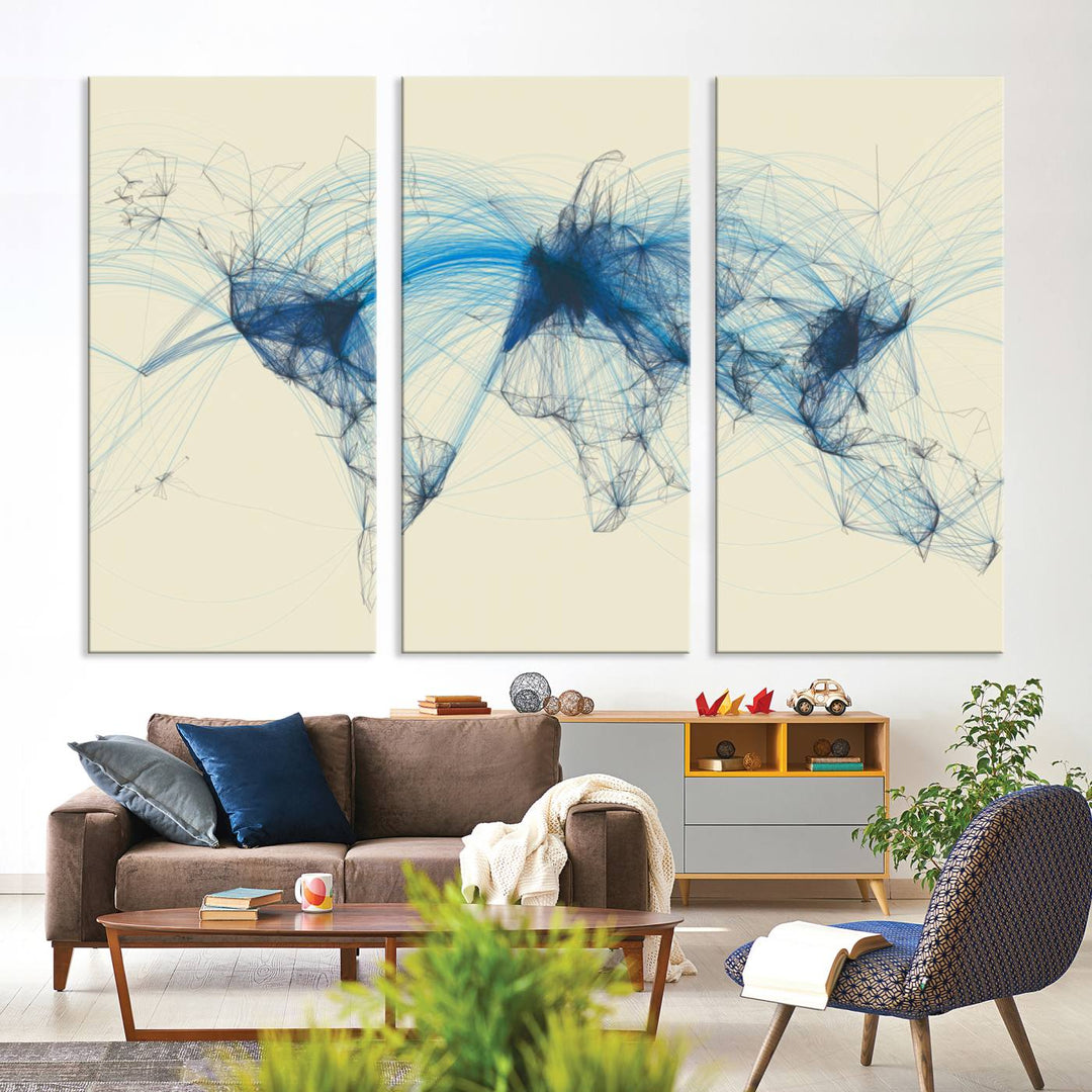 Flight Routes Map: Air Traffic Avi World Map featuring blue lines symbolizing global data. Ideal for home decor and ready to hang.