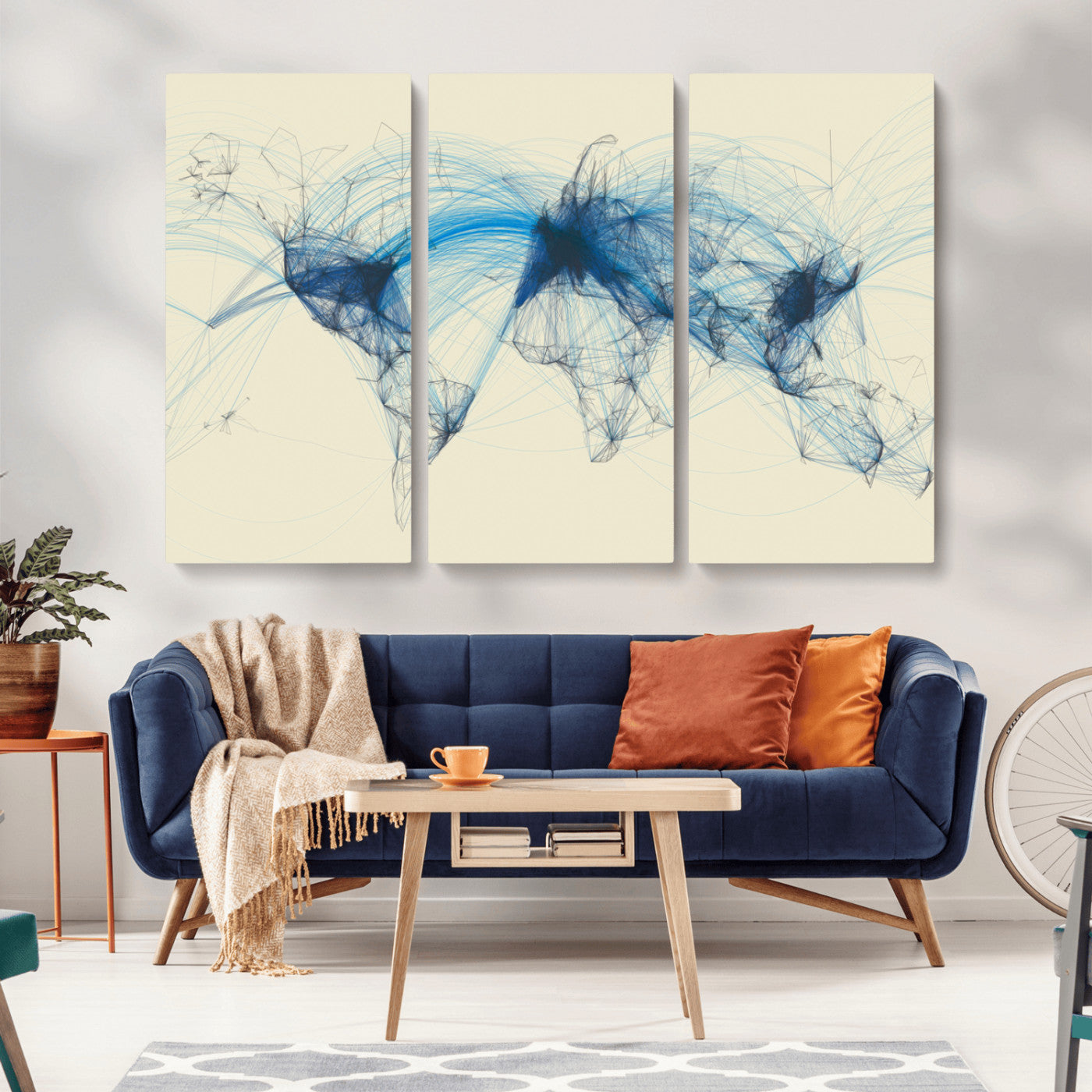 MGV-CV-48X32-3P - Flight Routes Map art Air Traffic Avi World Map with Blue Connections Canvas Wall Art – Modern