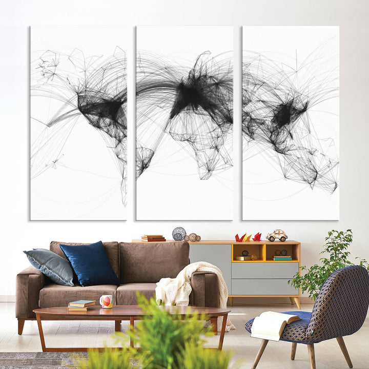 The Flight Routes Air Traffic canvas wall art, framed and ready to hang, is perfect for aviation enthusiasts.