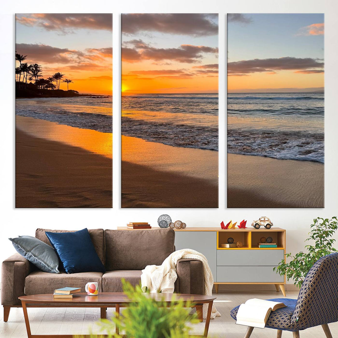 Sunset Wall Art Print featuring a beach sunset with waves and palms, perfect for coastal decor.