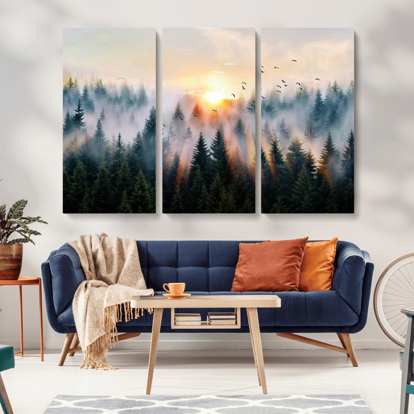 MGV-CV-48X32-3P - Abstract Forest Wall Art - Serene Nature Canvas Print with Misty Forest Design for Modern Home or