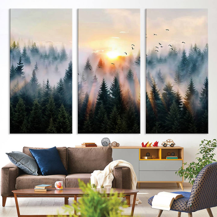 Sunrise over a misty forest with rays filtering through trees in the Abstract Forest Wall Art featuring soaring birds.
