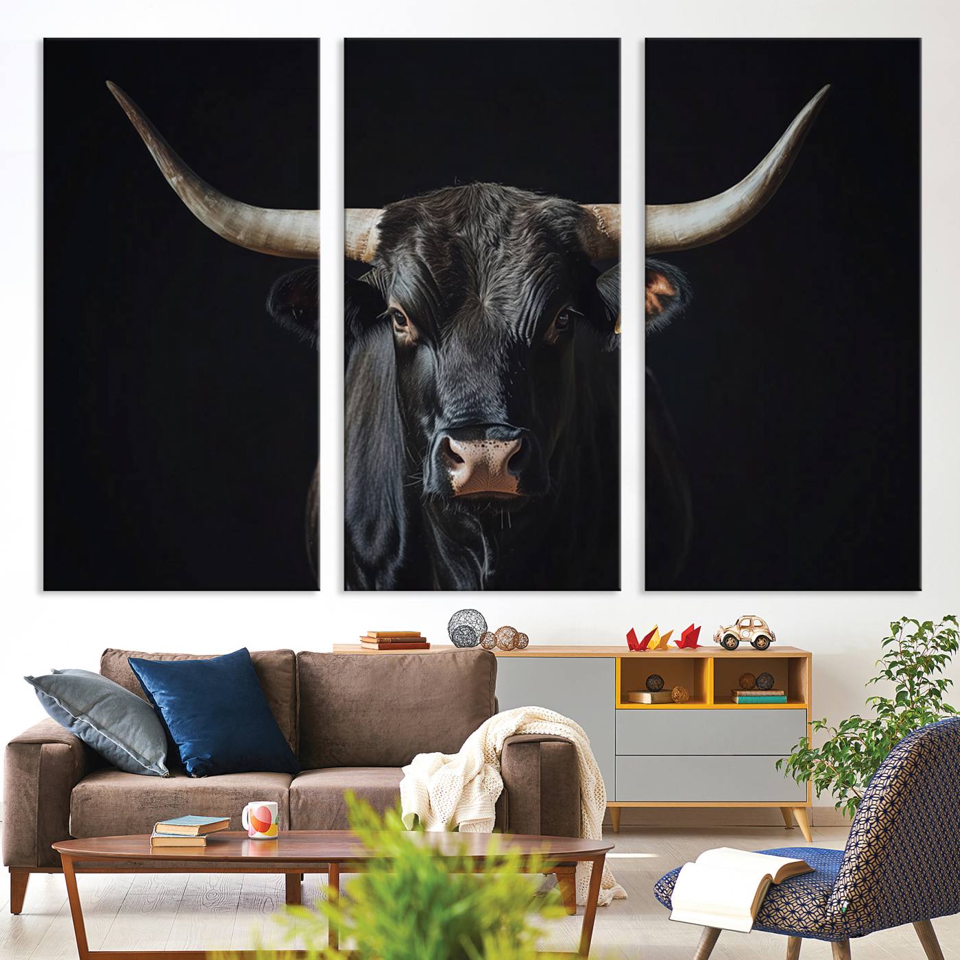 Canvas of a black longhorn bull against a dark background, featuring moody tones and western character for rustic or cowboy-inspired spaces.