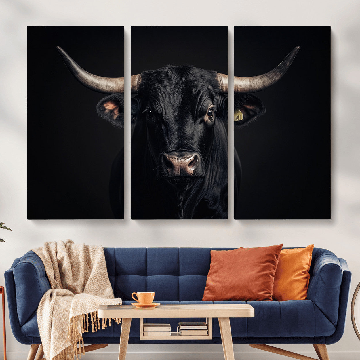 MGV-CV-48X32-3P - Black Bull Wall Art – Framed Horned Bull Canvas Artwork, Western Cattle Design, Rustic Ranch Style Decor for Home, Office