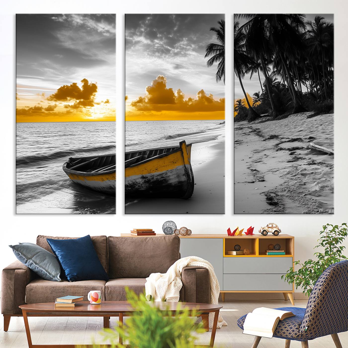 Canvas of a yellow rowboat on a black and white tropical beach with golden sunset sky, ideal for coastal or tropical-themed home decor.
