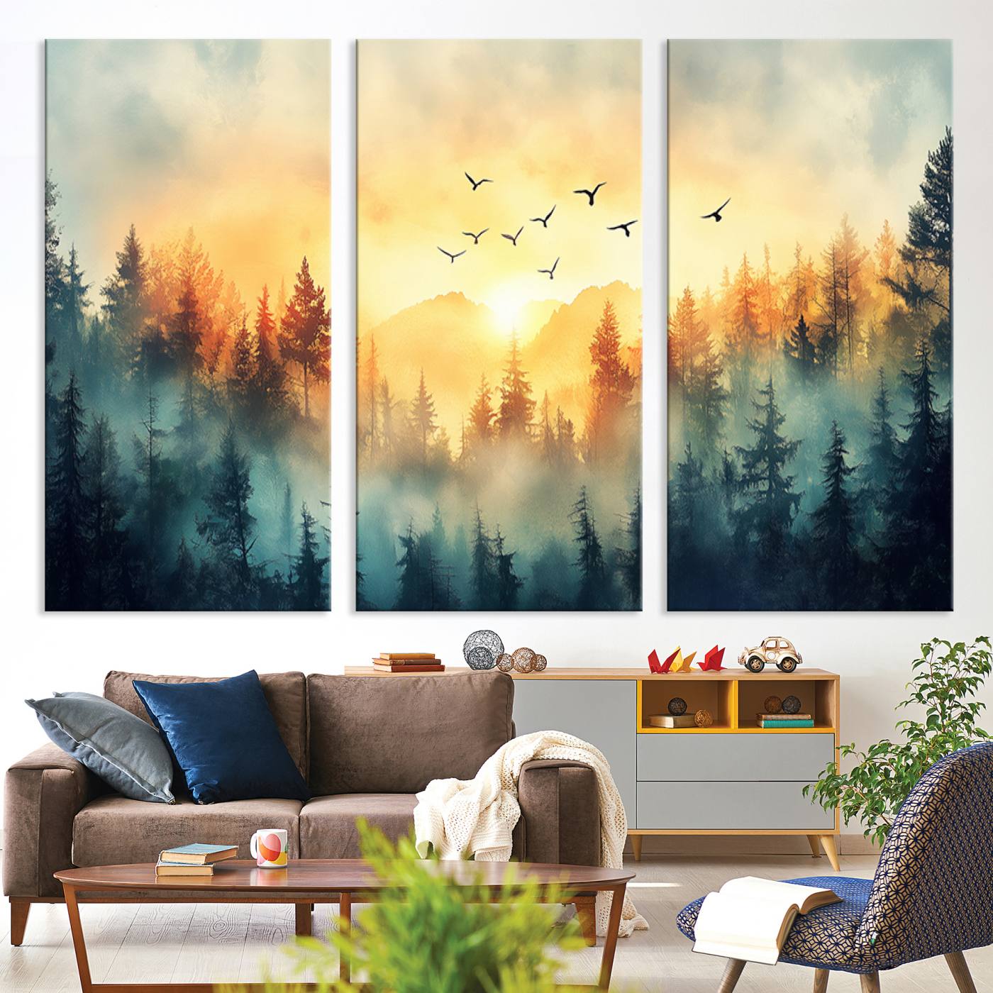 Canvas of a misty pine forest at sunrise with golden light and birds flying across the sky, perfect for tranquil nature-themed wall decor.