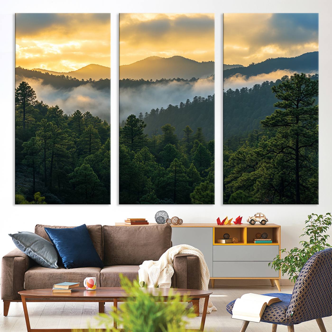 Canvas of misty pine-covered mountains at sunrise, featuring golden light and fog layers, ideal for tranquil earthy home decor.