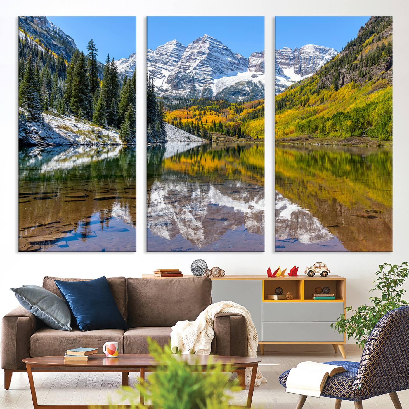 Canvas of Maroon Bells reflected in a clear alpine lake, with golden aspens and snowy peaks, ideal for crisp autumn or mountain-themed decor.