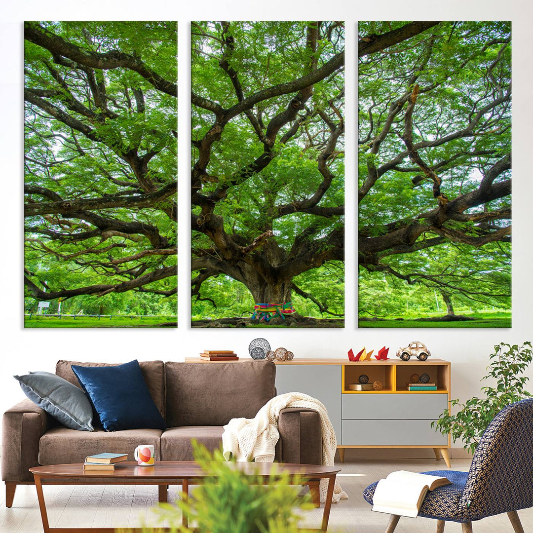 Framed Angel Oak Tree print featuring sprawling branches and ribbons against a clear sky backdrop, ideal for home or office decor.