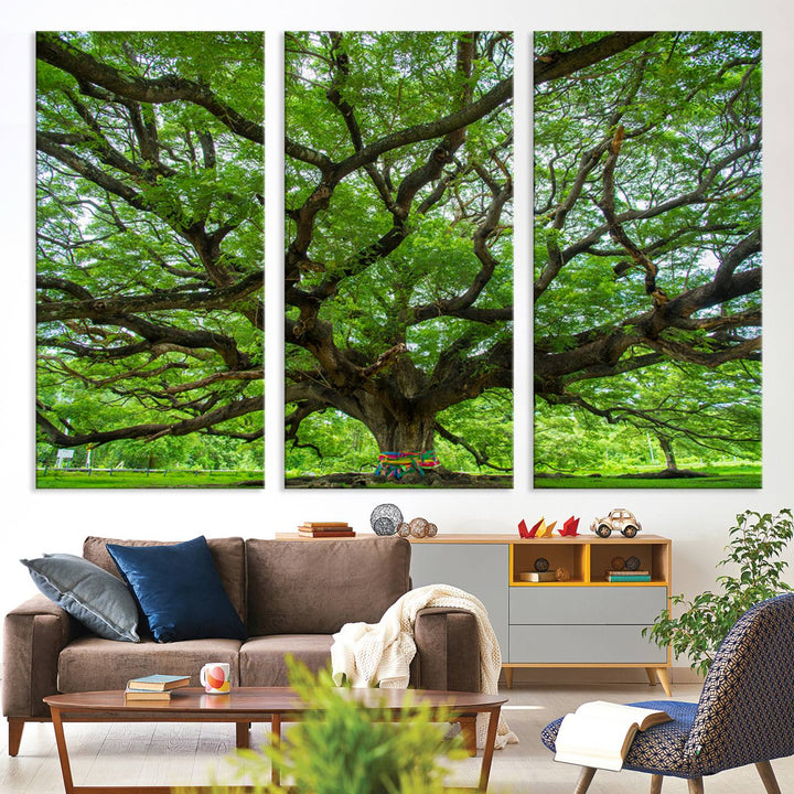 Framed Angel Oak Tree print featuring sprawling branches and ribbons against a clear sky backdrop, ideal for home or office decor.