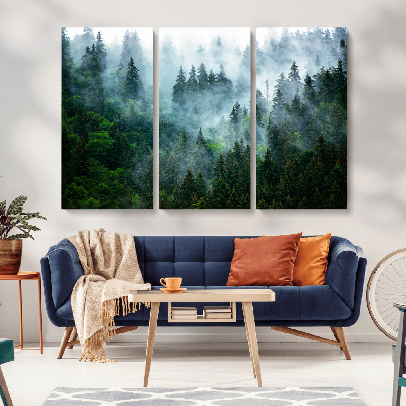MGV-CV-48X32-3P - Misty Forest Art Wall Art Canvas Print, Framed Foggy Mountain Art Art Picture Print, Scenic Wall