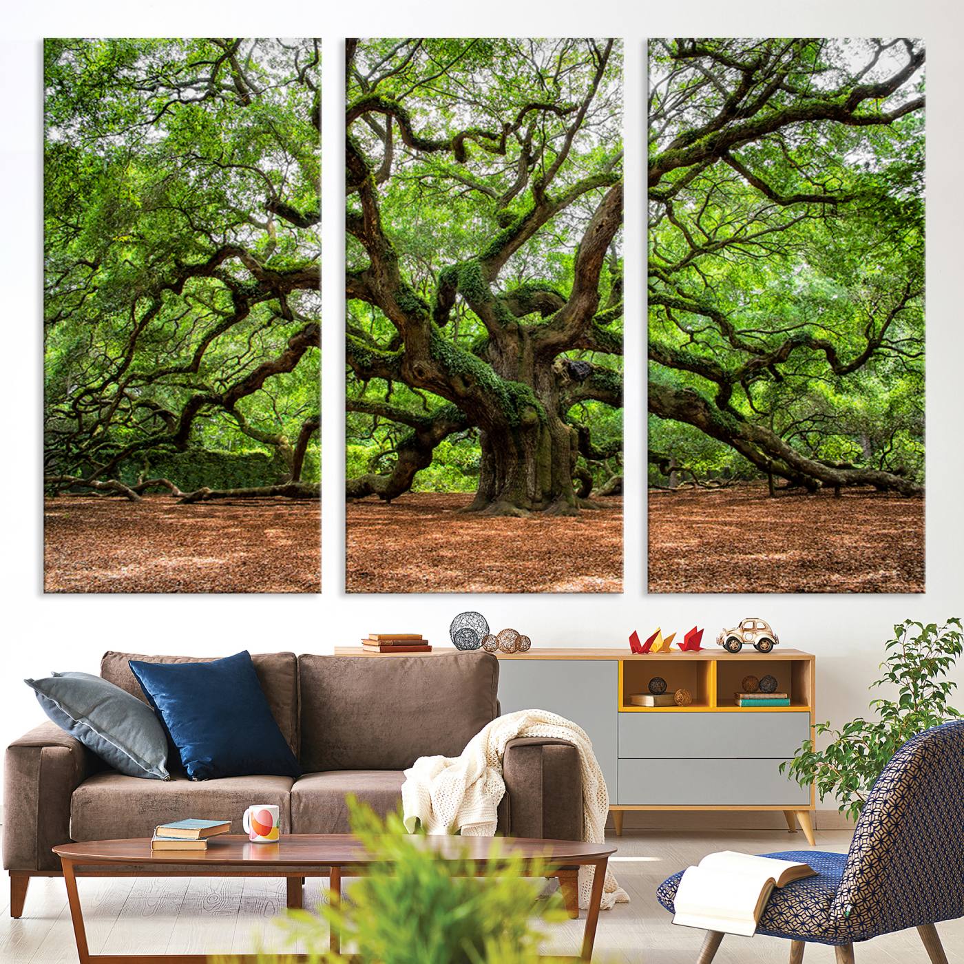 A majestic, ancient tree with expansive, twisting branches spreading wide under a dense, vibrant green canopy in a serene forest clearing.