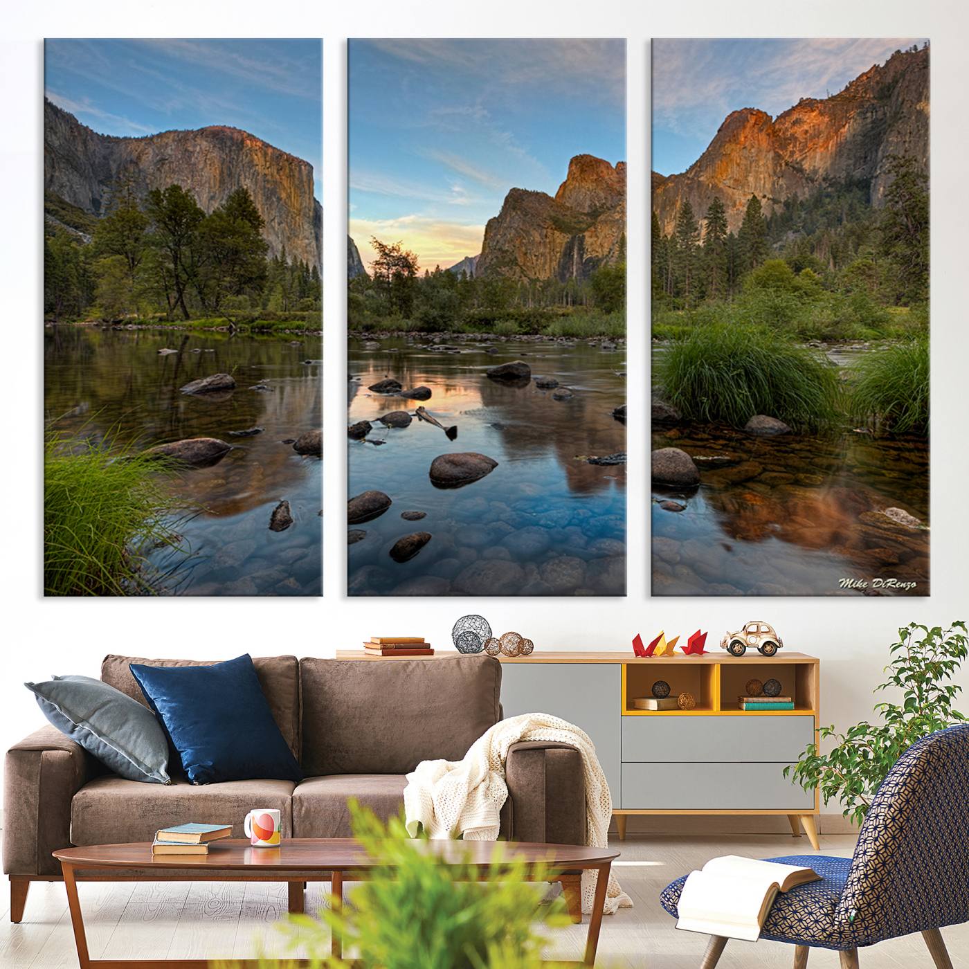 Canvas of Yosemite Valley with El Capitan and sunset reflections in a calm river, perfect for rustic or nature-themed décor.