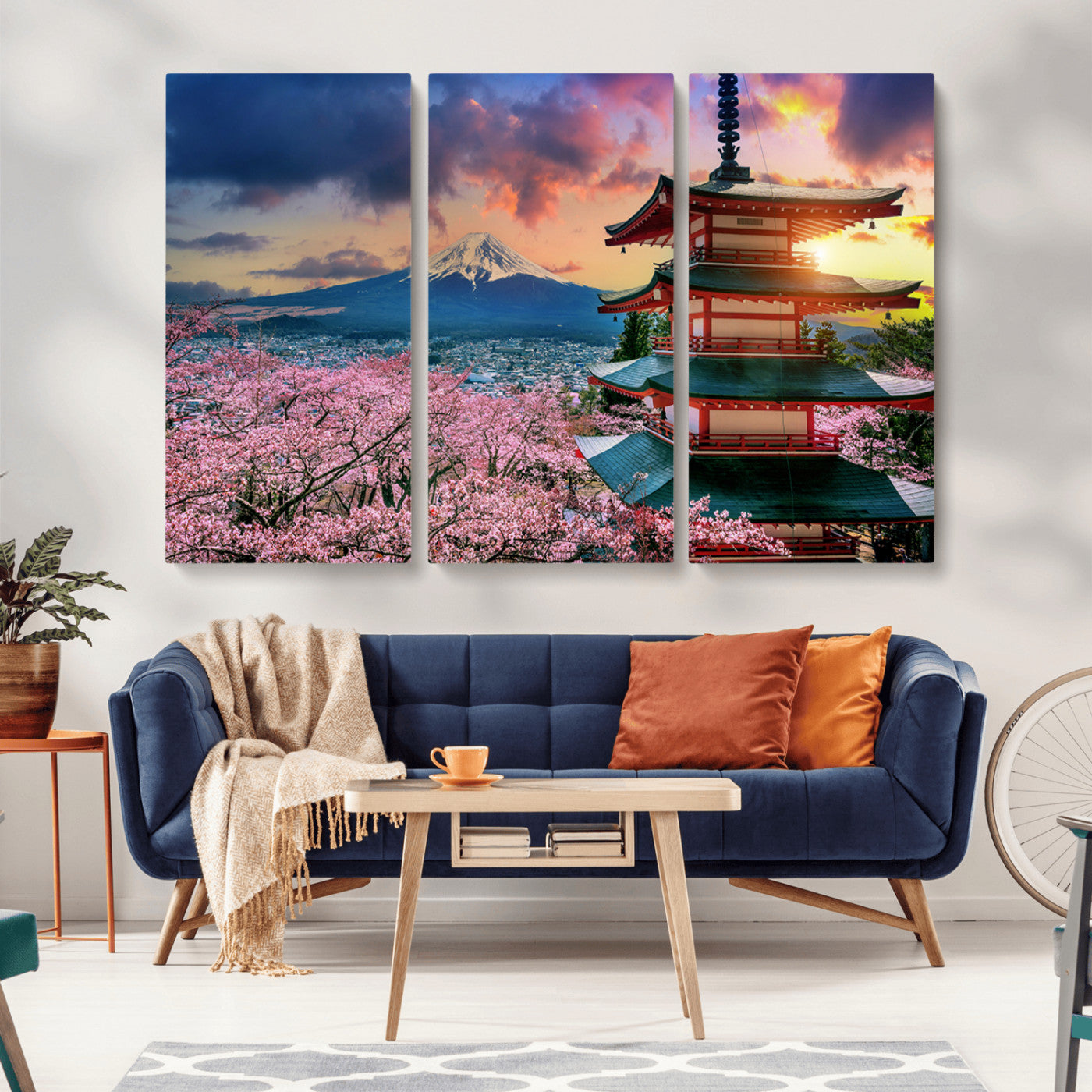 MGV-CV-48X32-3P - Mount Fuji & Cherry Blossom Wall Art Canvas Print – Iconic Japanese Landscape, Sakura Pagoda Sunset,
