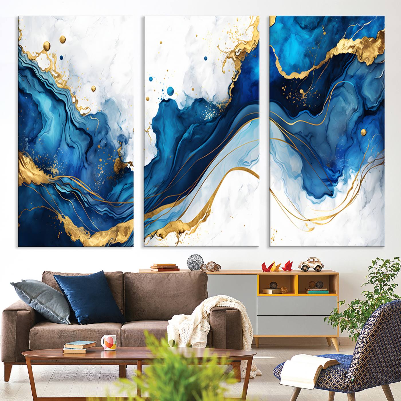 Elegant abstract canvas in cobalt blue and gold tones, featuring marble waves and fluid motion, ideal for luxe interior styling.