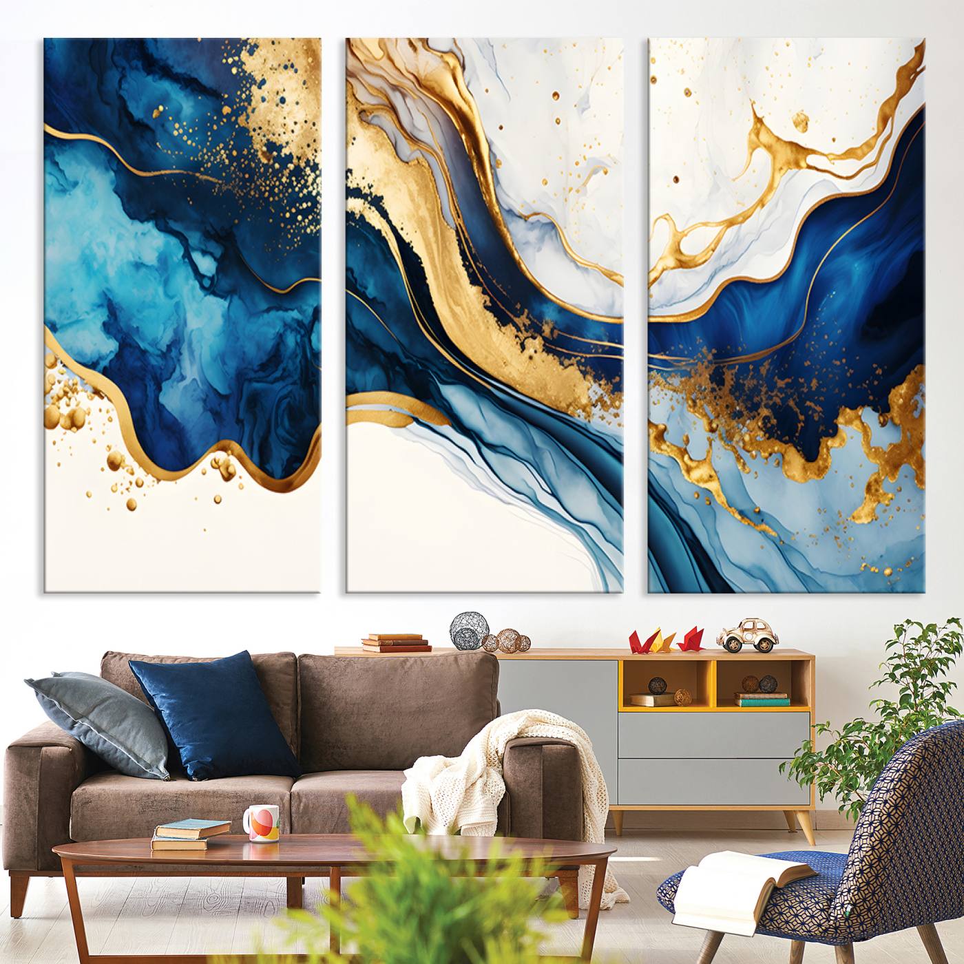 Canvas artwork with fluid blue and gold marbling, perfect for modern luxe or elegant abstract home decor styles.